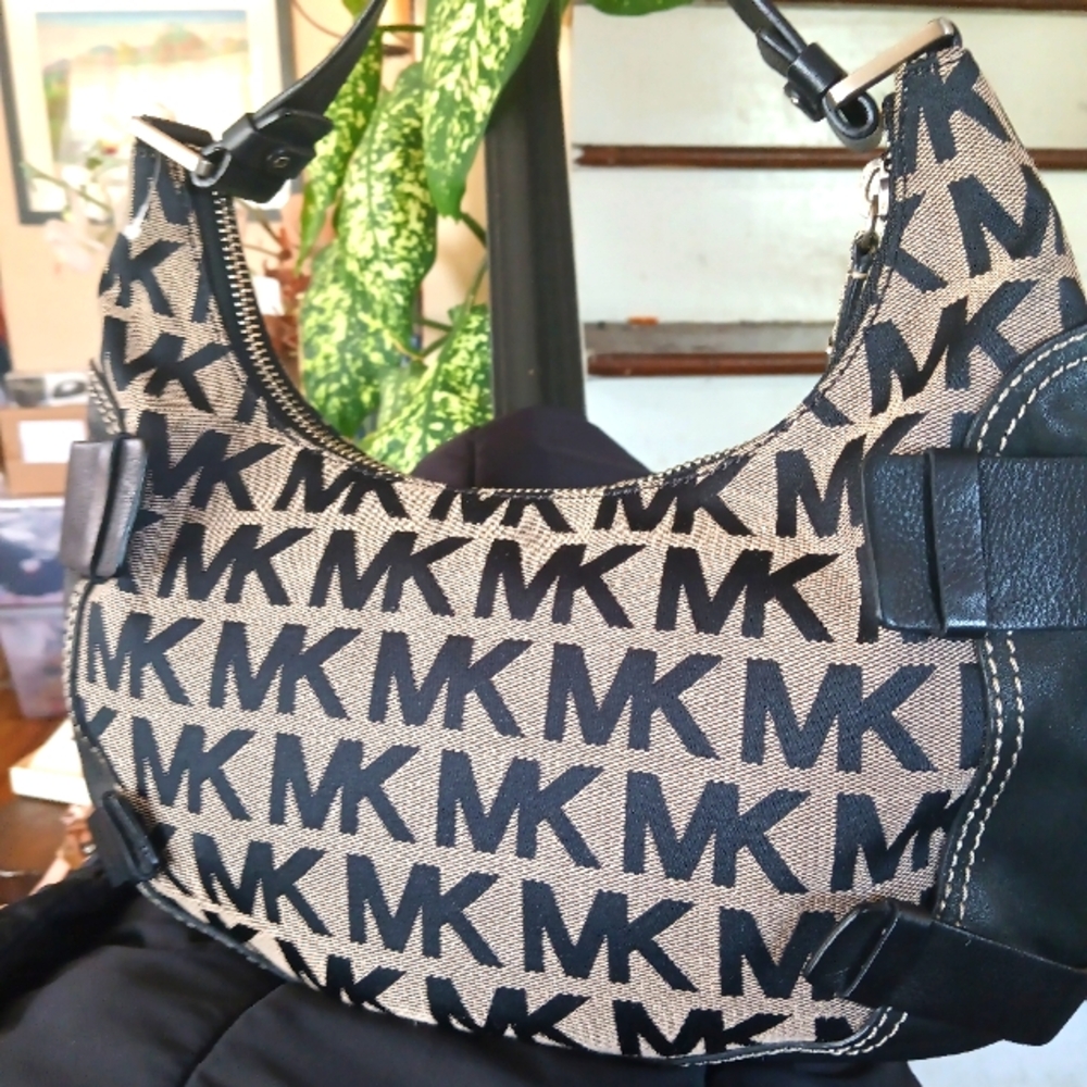 Michael Kors Black and Tan MK Hobo Bag